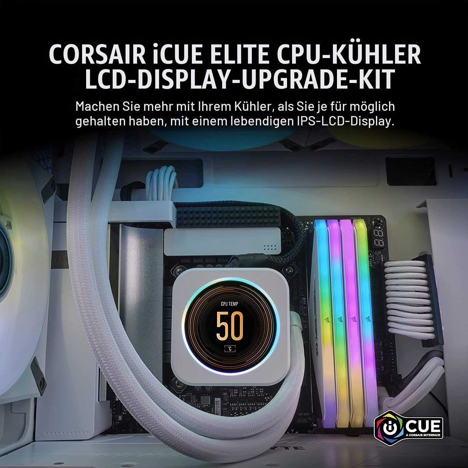 Corsair iCUE Elite CPU-Kühler LCD-Display Upgrade-Kit (IPS-LCD-Bildschirm mit anpassbarer Anzeige, 24 Bit Farbtiefe, 16,7 Millionen Farben, Ring mit 24 RGB-LEDs, Kompatibel mit iCUE Software) Weiß