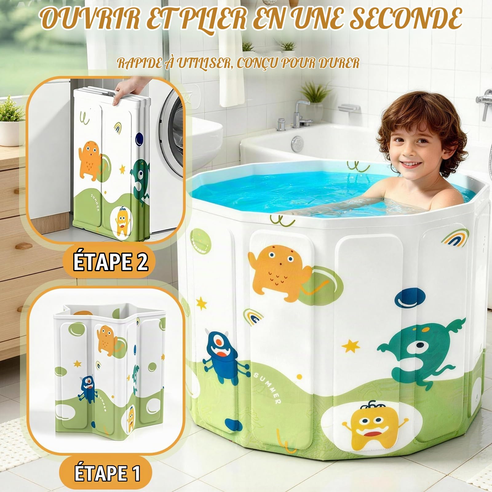 Baignoire pliable, avec sac de rangement et coussin d'eau gonflable, autoportante pour douche, bain chaud et bain de glace, évacuation de sol et latérale (40 x 55 x 55 cm pour enfants)