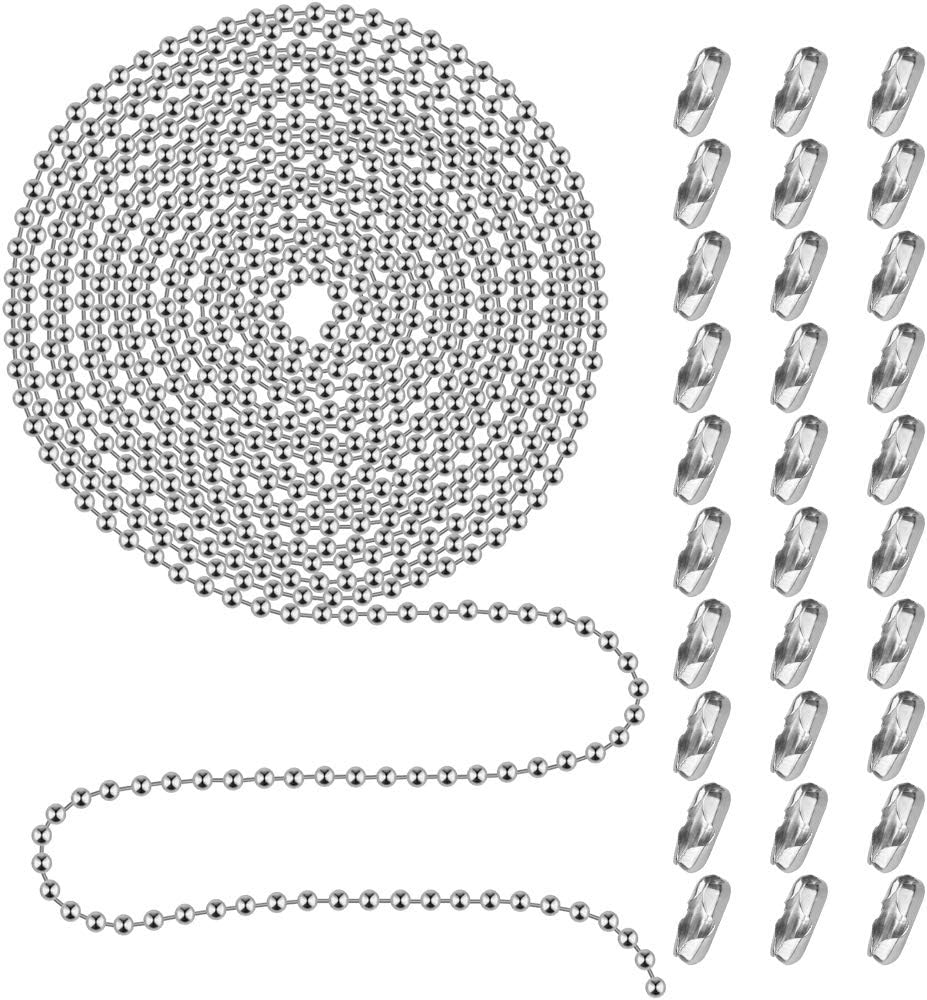 Topbuti 20 Feet Beaded Roller Chain with 30 Connectors for Ceiling Fan Light Lamp (3.2mm, Silver)