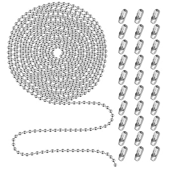 Beaded Pull Chain Extension with Connector, 20 Feet Beaded Roller Chain with 30 Connectors for Ceiling Fan Light Lamp 3.2mm, Silver