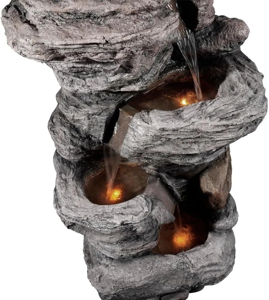 Outdoor Cascading Bowls and Stacked Stones LED Outdoor Water Fountain for Outdoor Living Spaces