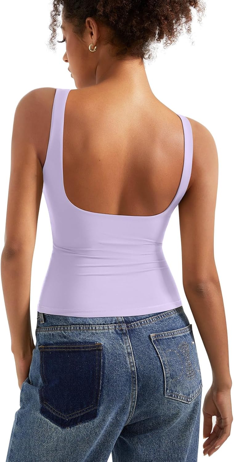 SUUKSESS Women Padded Open Back Boat Neck Tank Tops Double Lined Basic Shirts