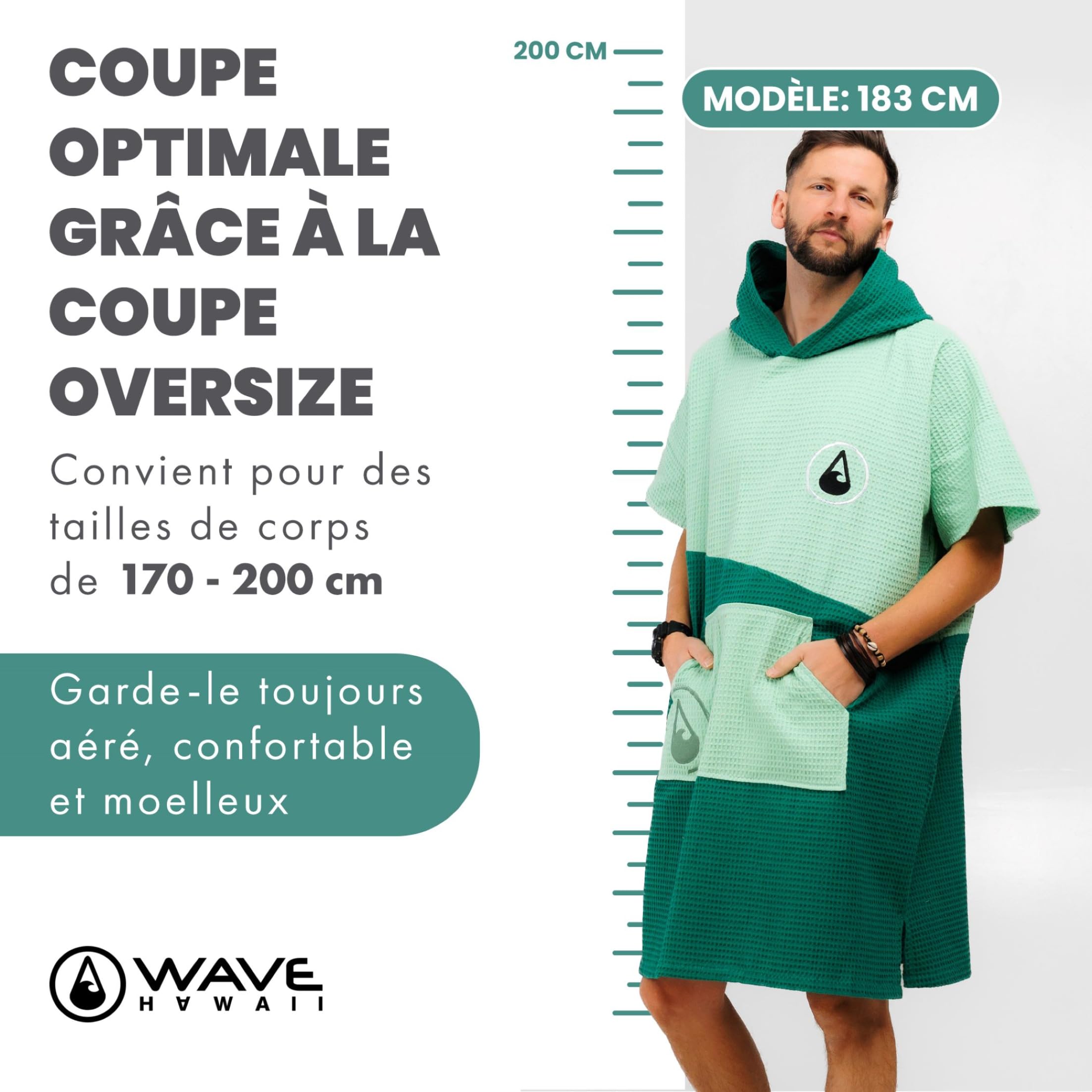 WAVE HAWAII Poncho Surf Travel donna & uomo L-XL, 171-197 cm | 100% cotone, poncho da mare assorbente per cambiarsi, spiaggia, surf, sauna & sport acquatici