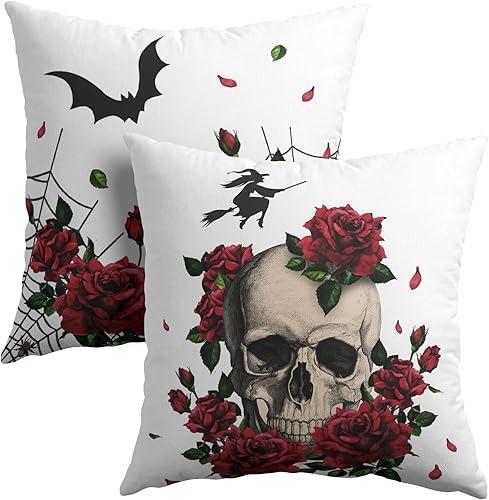 Funda de almohada de calavera de azúcar, rosa roja con tela de araña de murciélago, funda de almohada decorativa para Halloween, Día de Todos los
