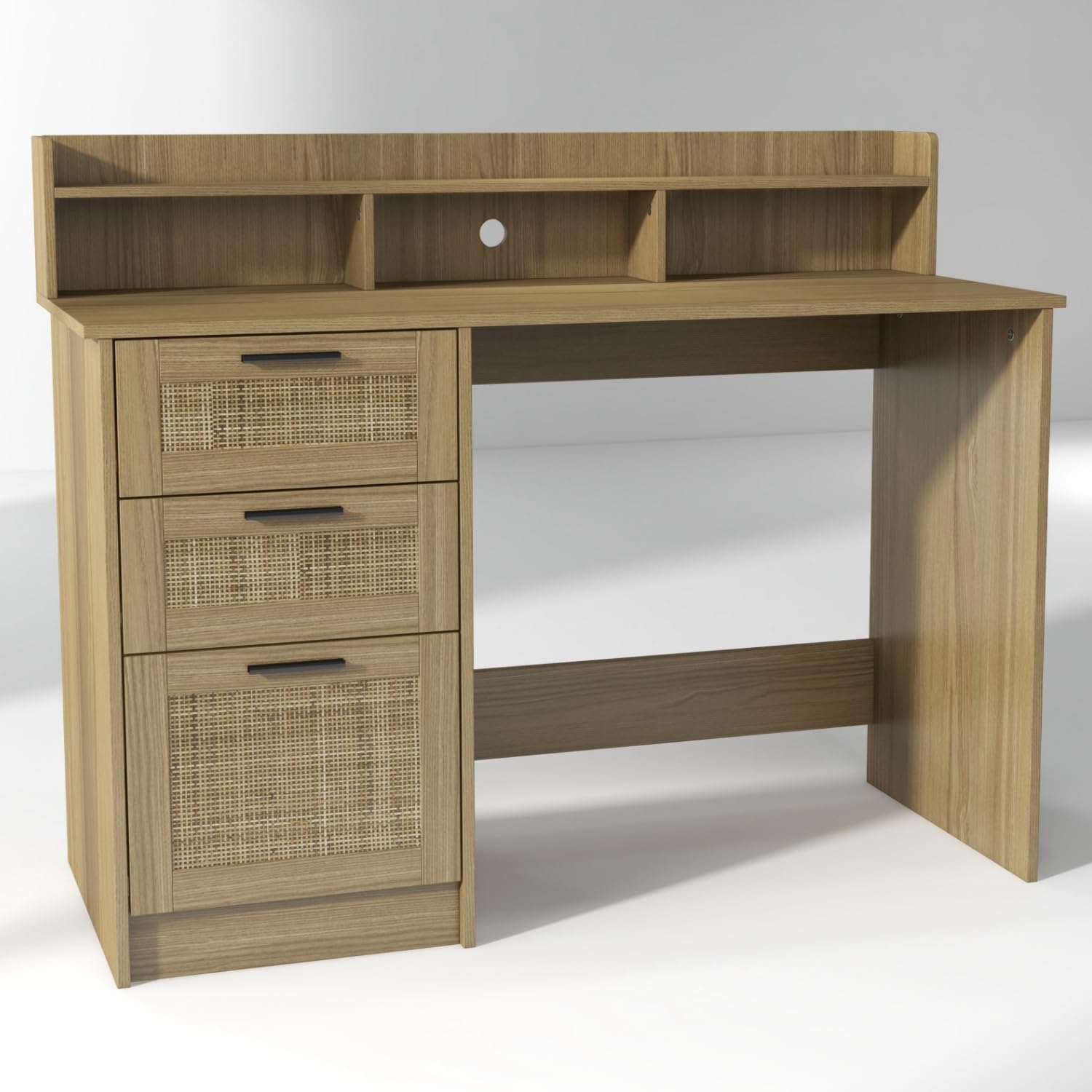 ENSTVER Small Computer Desk with Drawers and Hutch Shelf,Home Office Small Desk with Storage File Drawers,Boho Rattan Writing Study Desk for Bedroom