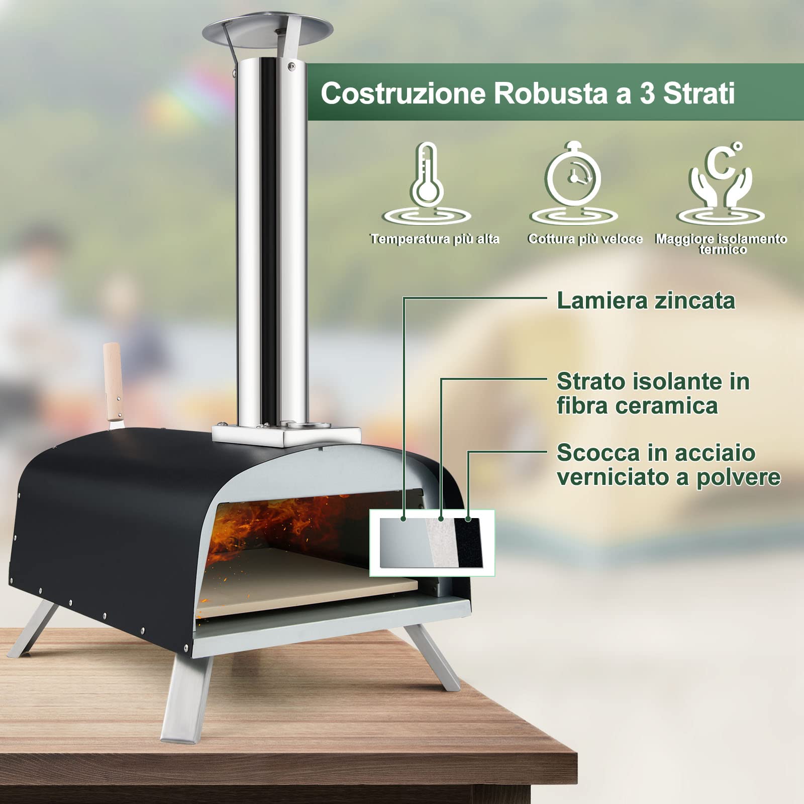 GYMAX Forno per Pizza all’Aperto, Forno per Pizza a Legna con Pietra per Pizza da 33 cm, Protezione Antincendio, Camino Rimovibile, Forno per Pizzaioli Portatile per Cortile, Campeggio, Cucina