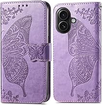 ClickCase Butterfly Series for iPhone 17 Leather Embossing Wallet Flip Case Kick Stand Magnetic Closure Flip Cover for iPhone 17 (Purple)