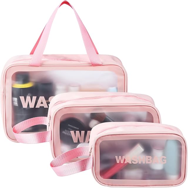 ALINK 3 Pieces Large Clear Travel Toiletries Bags, Waterproof Clear Plastic Cosmetic Makeup Bags, Transparent Packing Organizer Storage Bags (Pink)