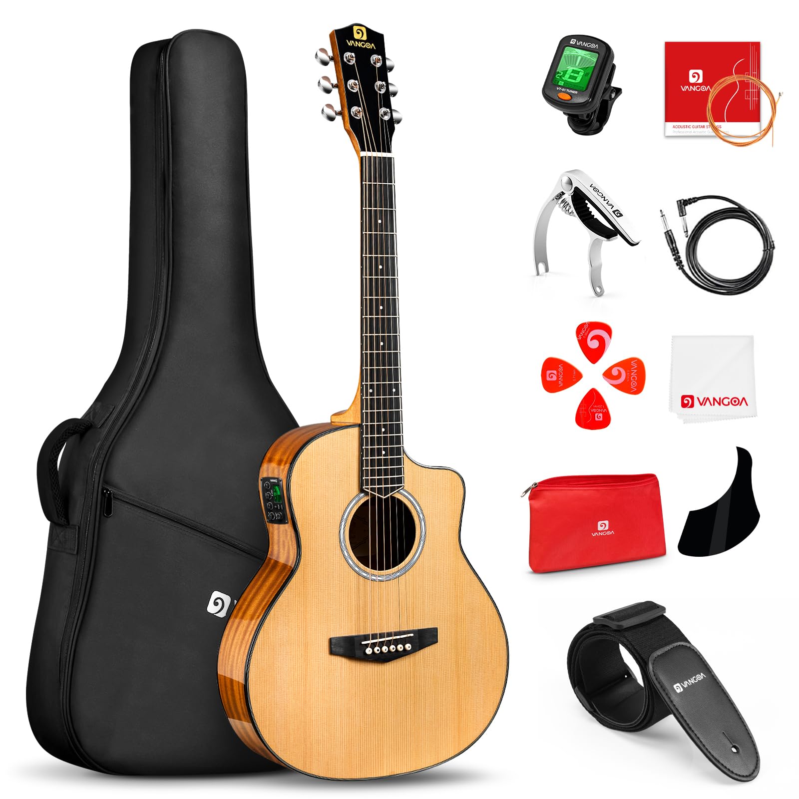 Vangoa Akustik-E-Gitarre, 91,4 cm, 3/4-Größe, Cutaway-Gitarre, Set mit Gigbag für Kinder und Anfänger, natürliche Zedernholz-Oberseite