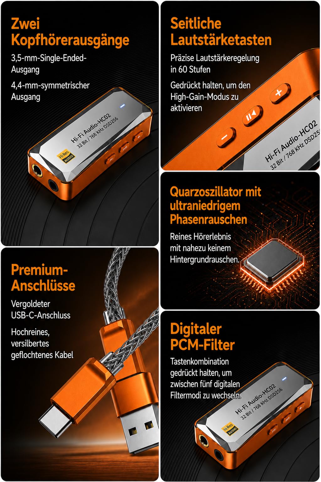USB-C DAC Kopfhörerverstärker, 3,5 mm und 4,4 mm, HiFi DAC Dongle mit CS43198, 32 Bit/768 kHz, DSD256, tragbarer Audioadapter für Smartphone, Tablet, Laptop und PC, Orange