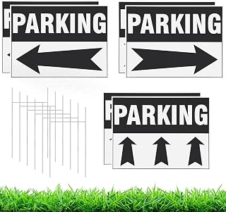 6 Pcs Parking Signs with Metal H Stake 16 x 12 Inches Event Parking Sign for Outside with Directional Arrows Corrugated Plastic Waterproof Directional Signs for Outdoor Yard Wedding(Black)