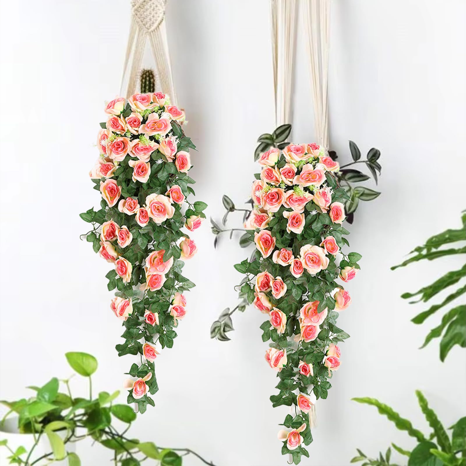 2 Piezas De Plantas Colgantes Artificiales – Flores Rosas Y Hiedra De Plástico – 90cm – Decoración Para Hogar (Rojo)