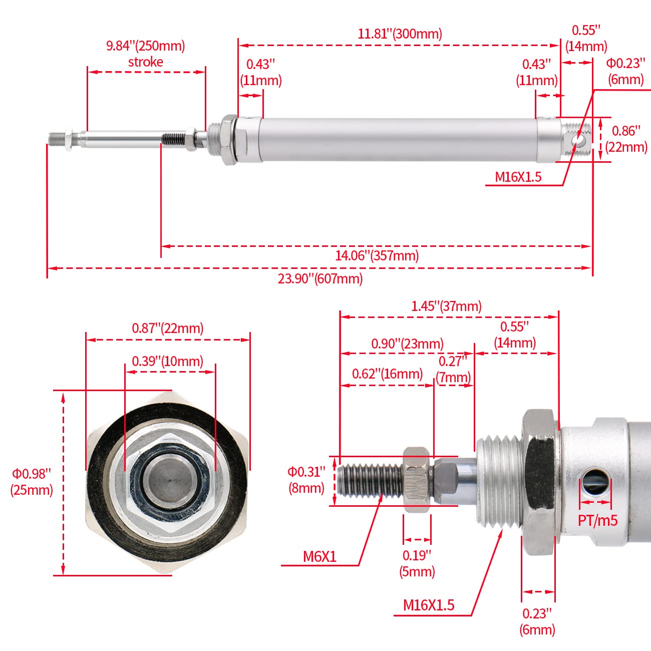 Heschen pneumatyczny wąski cylinder powietrza MAL 16-250 M5 port 16 mm otwór 250 mm skokowy podwójne działanie