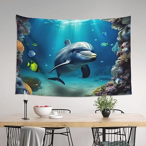 Miniatura 5 de Dwrepo Tapiz con estampado de delfines del mundo subacuático, gran moda, para colgar en la pared, decoración divertida del hogar para dormitorio,