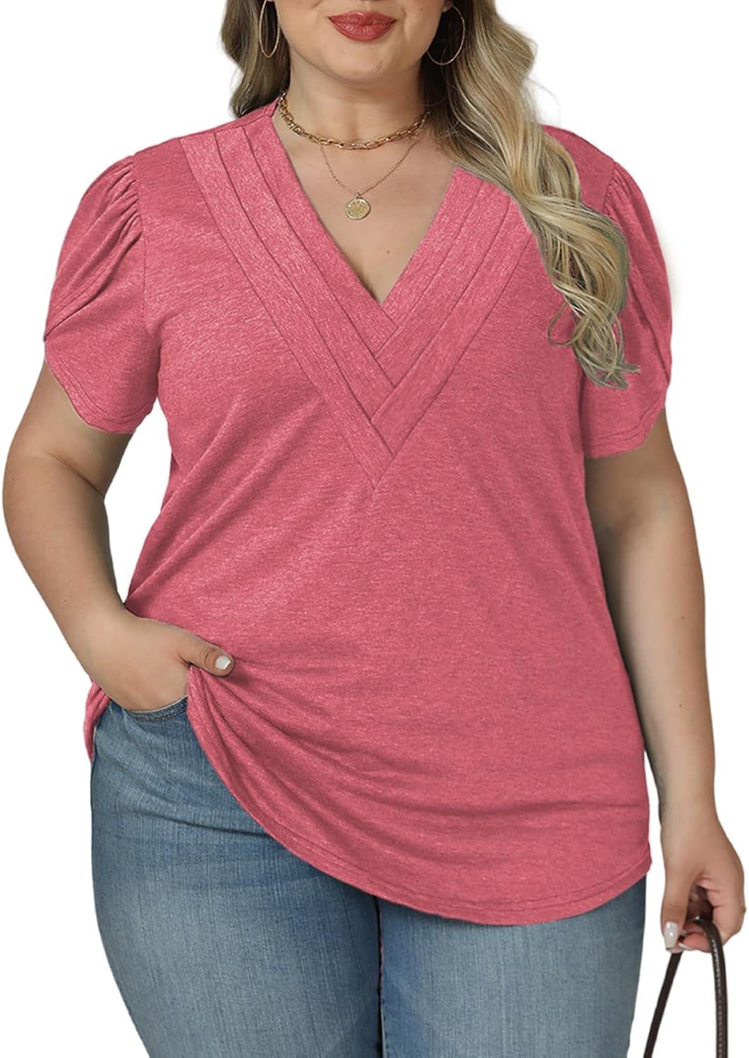 VISLILY Womens-Plus-Size-Summer-Tops Casual Petal Short Sleeve T Shirts Trendy V Neck Blouses Flowy Dressy Tunics XL-5XL - Image 2