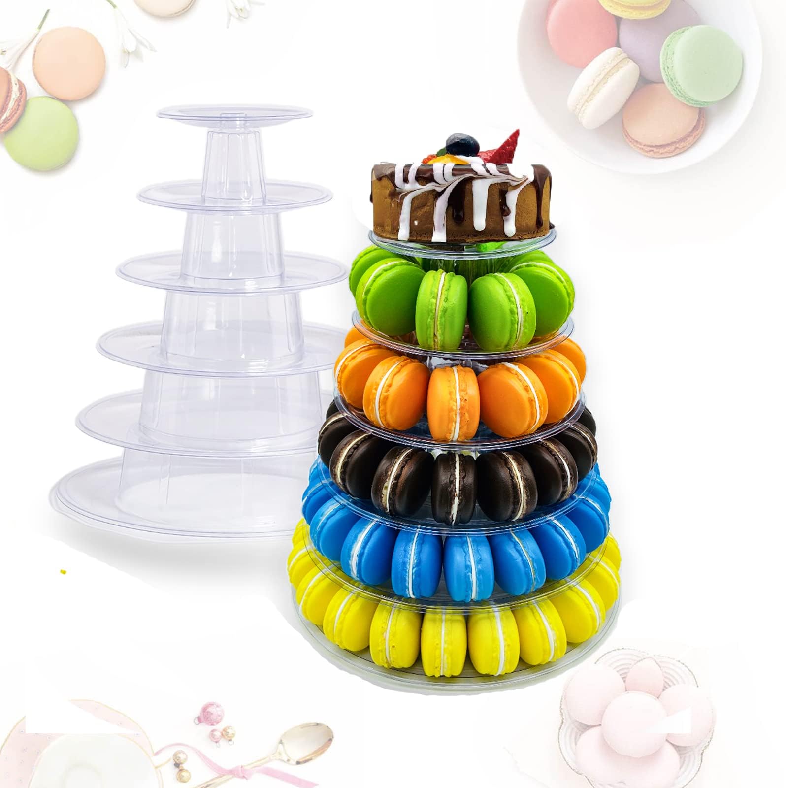 6 Tier Macaron Tower Stand, Round Clear Plastic Macaron Multifunction Cupcake Cookie Dessert Display Cake Stand for Wedding Christmas Birthday Party Bakery Decor