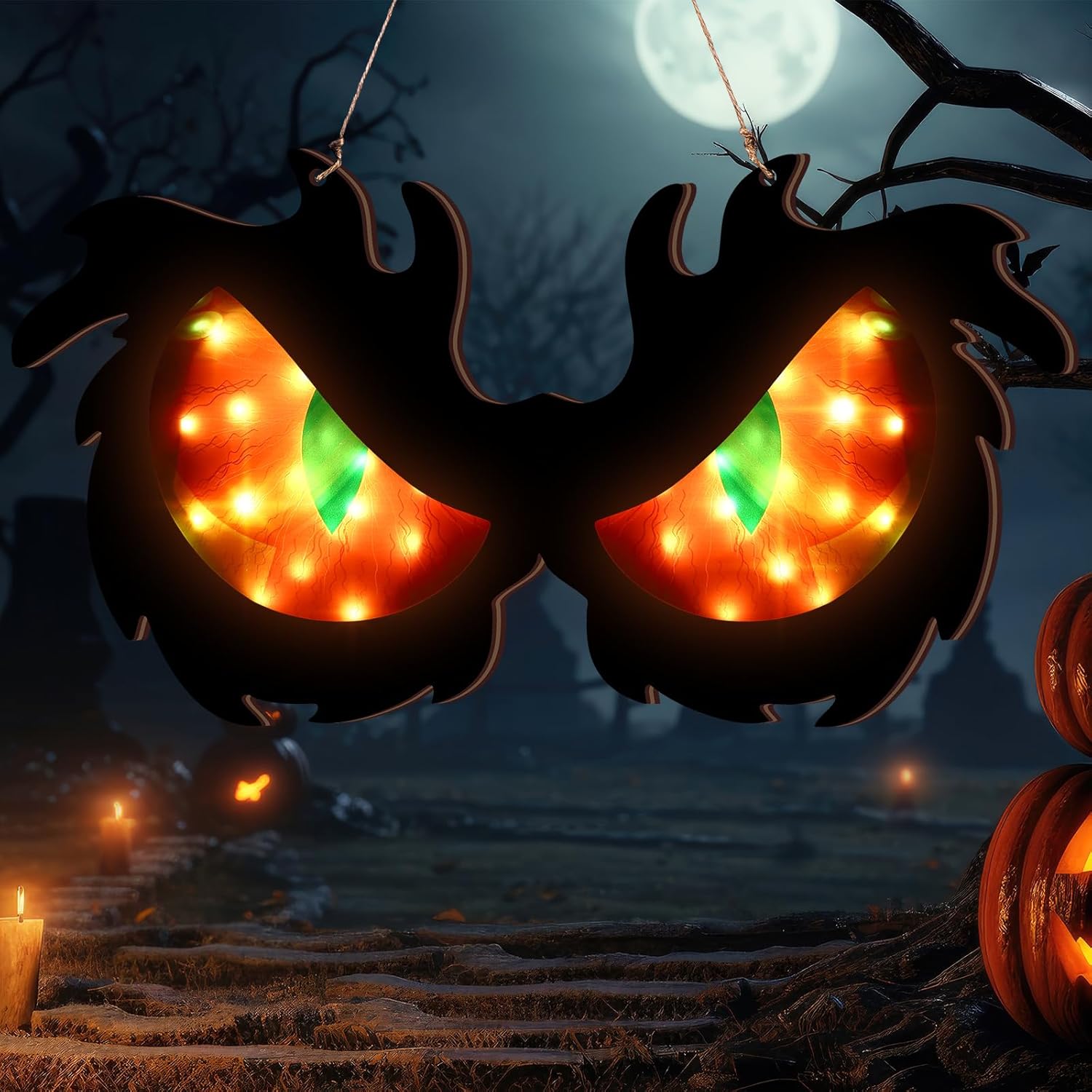 Halloween Spooky Eyes Decor 19.6 Inch Large Wooden Flashing Ghost Eye with 7 Color LED Lights, Waterproof Battery Box, for Halloween Indoor Outdoor Party Decor(Style B)