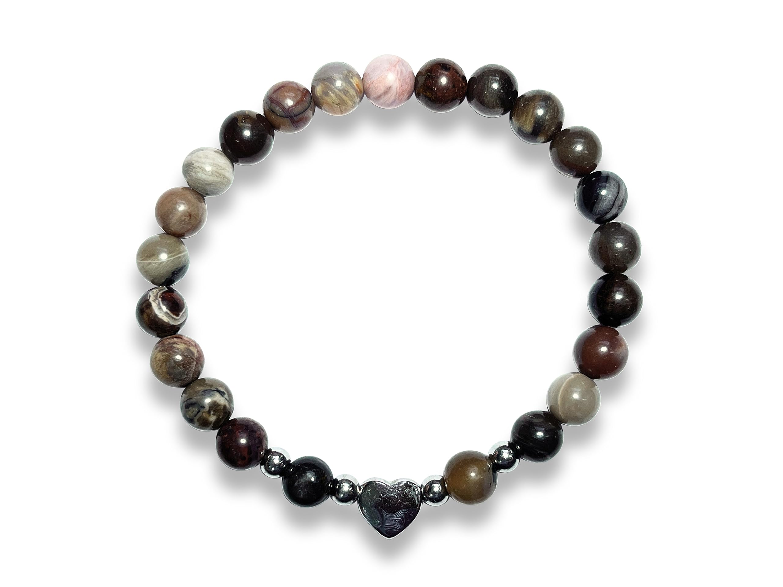 Versteinertes Holz Armband Perlen echt 6mm Herz Edelstahl Silber Gold Roségold oder Ionisiert - Handmade Perlenarmband Lebensfreude Erdung Erholung - Spiritueller Schmuck Damen Mädchen