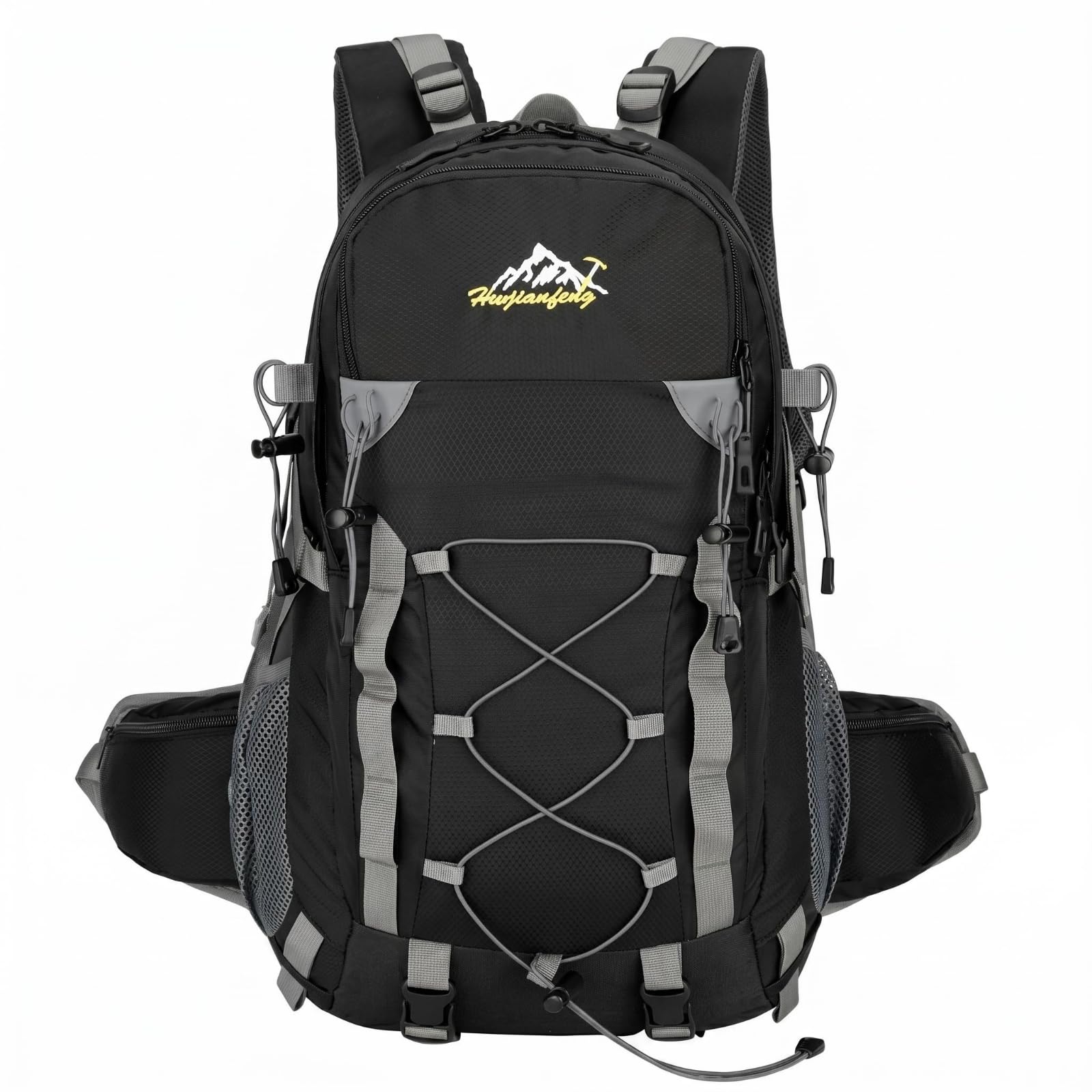 Nylon Water-Repellent Hiking Backpack Padded Shoulder Straps Climbing Backpack Bungee Cord Daypack Structured, Black-picture-32