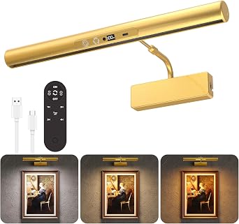 Skairipa 13" Rechargeable Picture Light for Wall with Remote, Gold 1-Pack | wireless, 6000mAh battery, 3 color temps, with timer, Dimmable LED wall lights for art painting, frames, gallery, living room