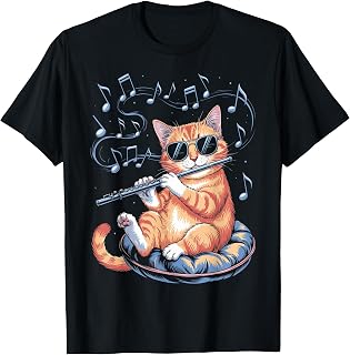 Marching Band Musician Flutist Cat Playing Flute Player T-Shirt