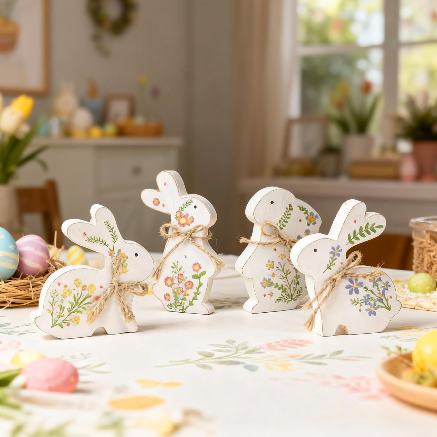 Set Of 4 Easter Bunny Decor, Wooden Rabbit for Decorating Wildflower Signs, Indoor Spring Table Centerpiece Mantel Shelf Office Desk Top House Tiered Tray Tabletop Rustic Home Decorations - Image 3