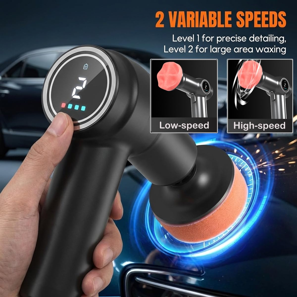 Kit de polisseuse de voiture sans fil, polisseuse rechargeable 20 000 tr/min électrique sans fil, 3 tampons de polissage et 2 réglages de vitesse, pour les détails de voiture, le cirage, la correction