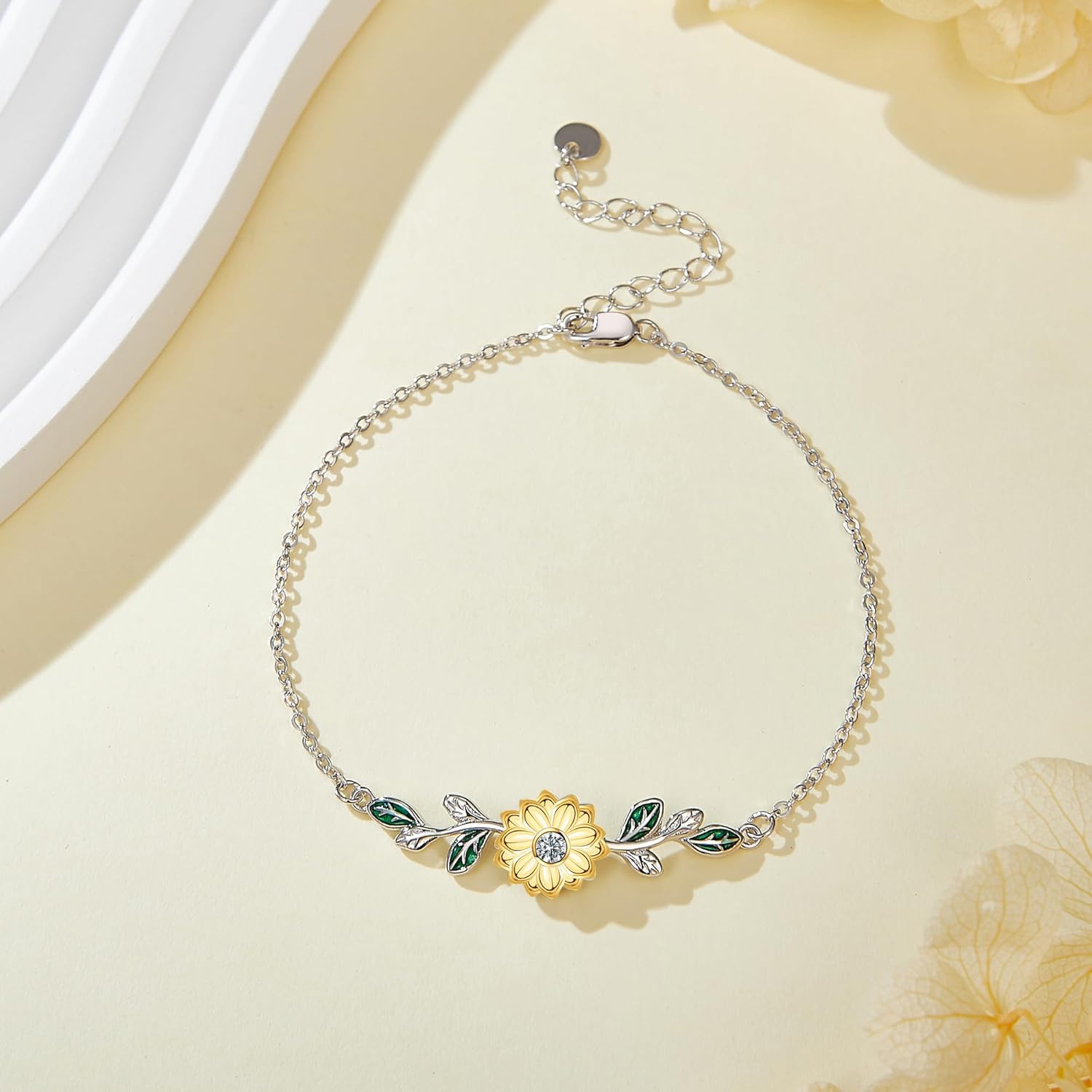 Sunflower Bracelet 925 Sterling Silver Leaf Bracelets Yellow Flower Bracelet Chain Sunflower Jewelry Gifts for Women Mom Wife - Image 2
