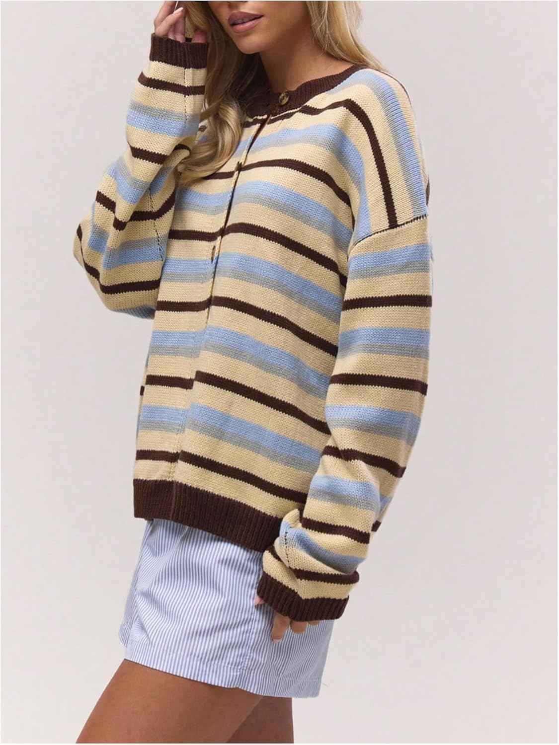 Verdusa Women's Striped Cardigan Sweater Button Up Oversized Sweaters Winter Outfits Knit Outerwear