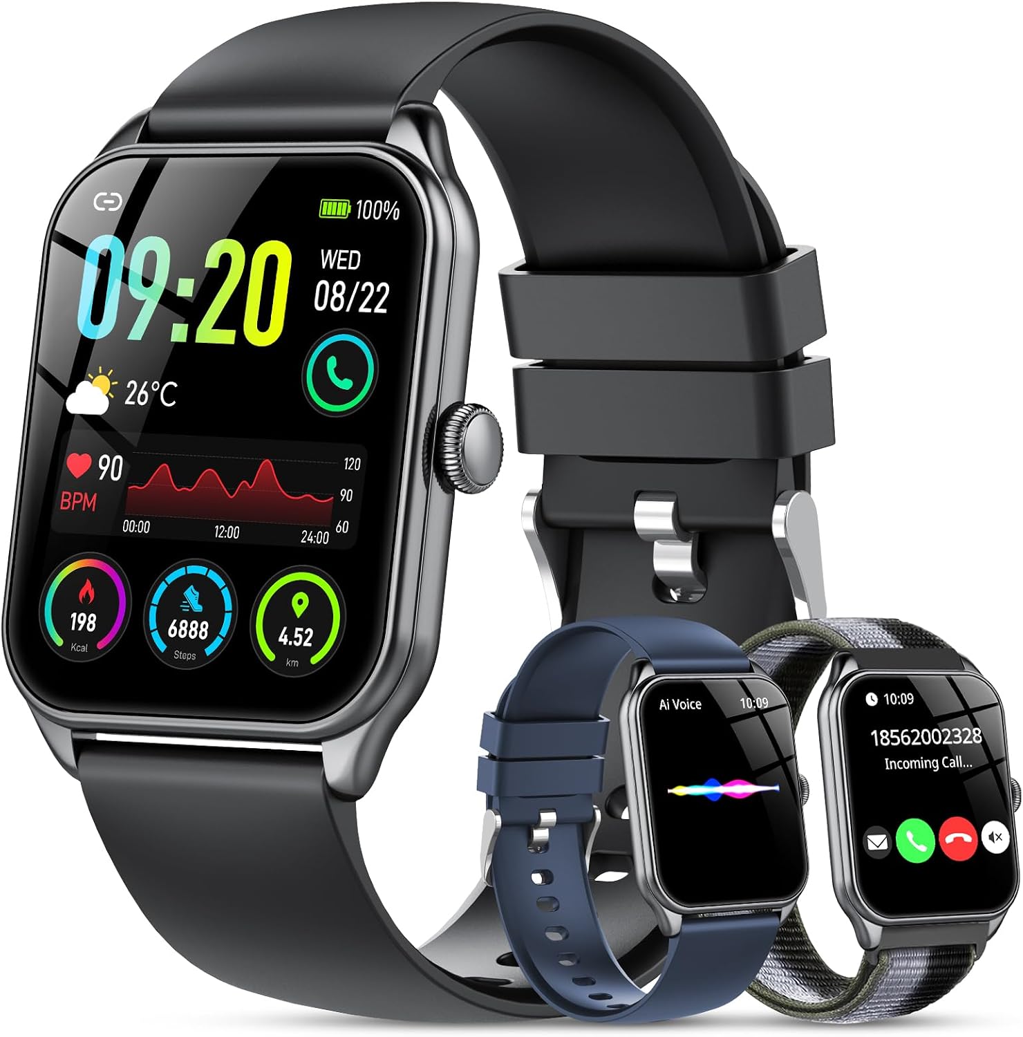 (-64%) IKT Smartwatch Damen Herren, 1.83" HD Smart Watch, 120+ Modi, Fitness Tracker mit Bluetooth Telefonie, IP68 Schrittzähler Uhr mit bis zu 30 Tage Standby für iOS und Android, 3 Armbänder, Schwarz