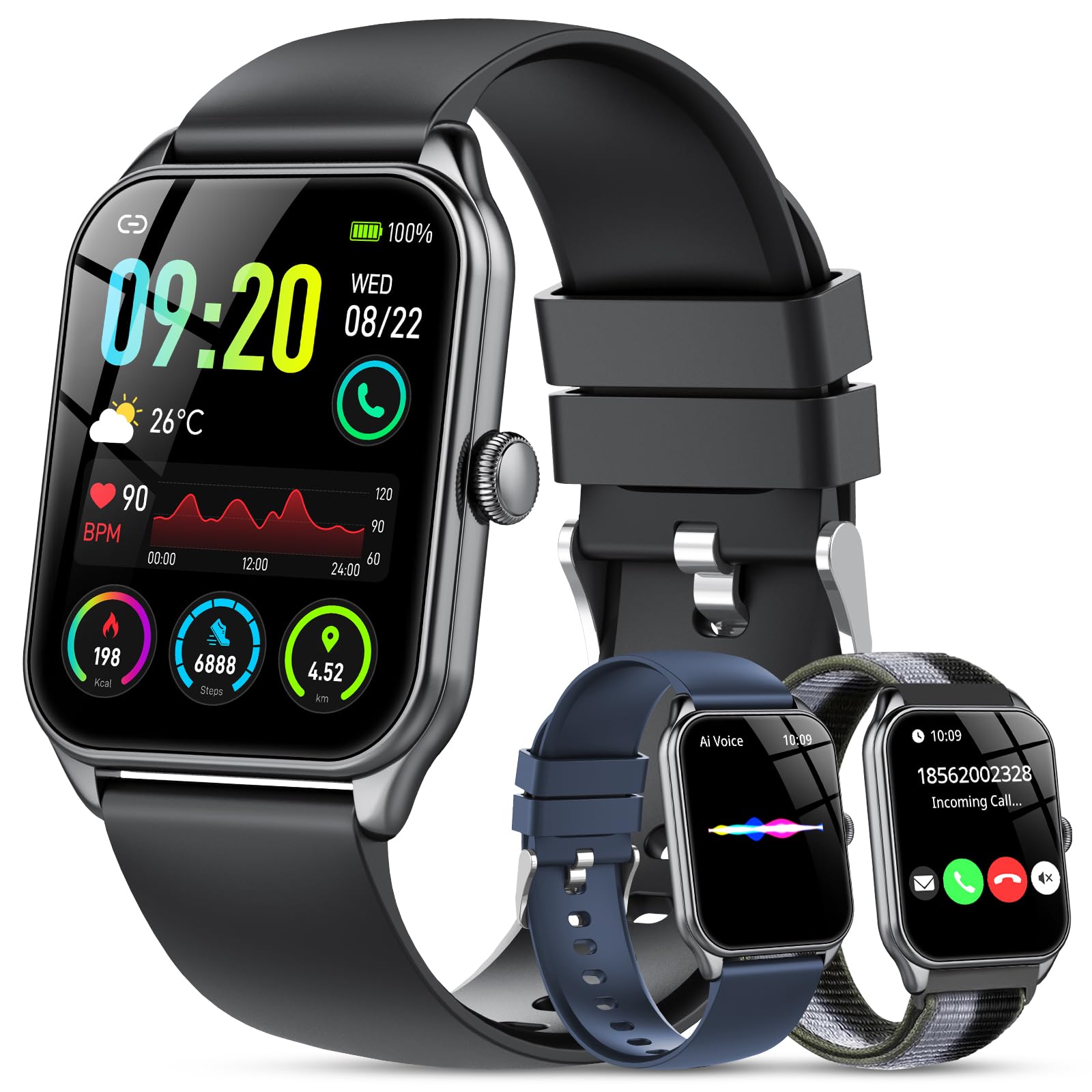 Reloj Inteligente Hombre-3 Correas, Llamadas Bluetooth y Voz AI, Whatsapp Notificación,1.83″ Smartwatch Mujer con SpO2 Pulsómetro Monitor de Sueño,120+Modos Deportes,Impermeable IP68 para iOS Android