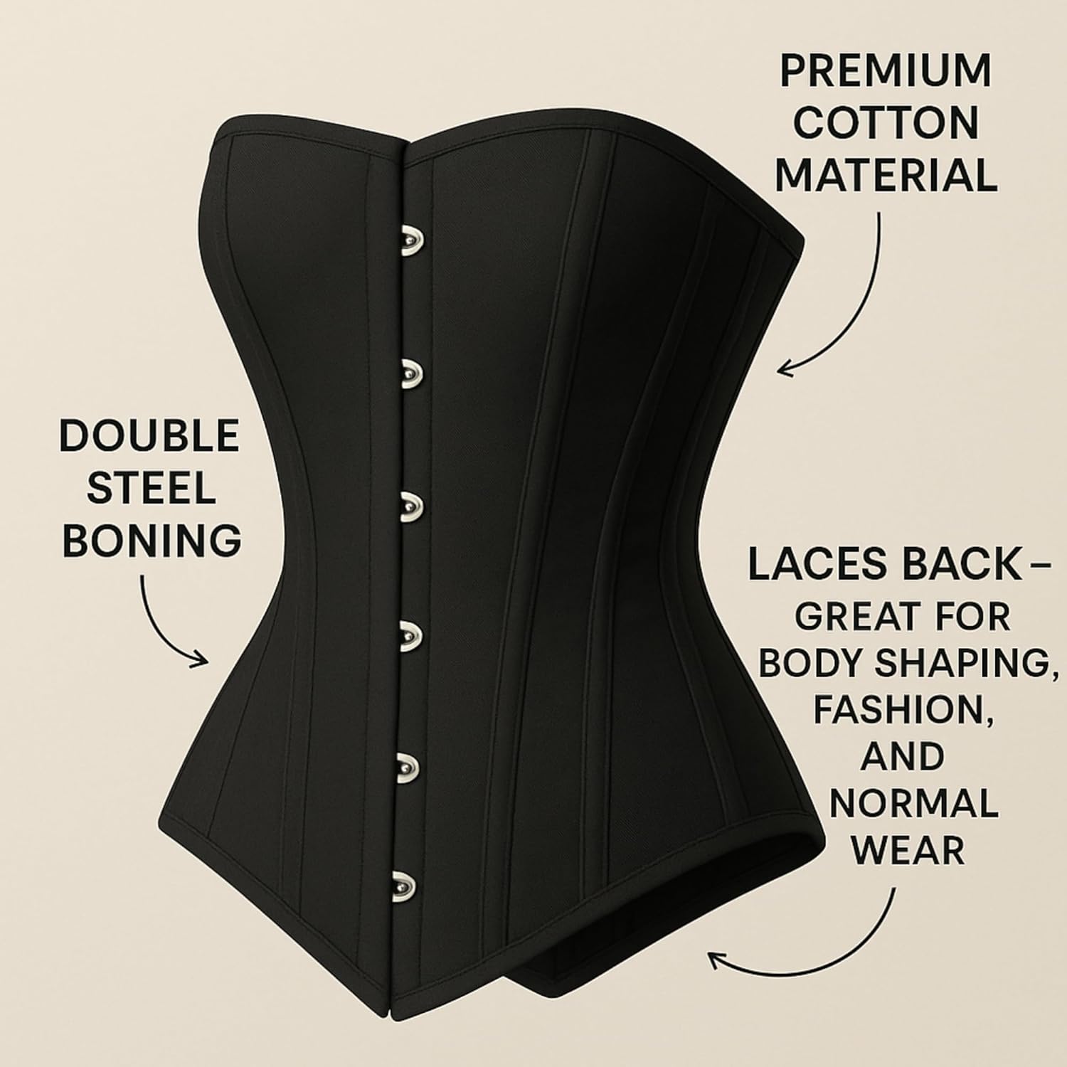 Heavy Duty Double Steel Boned Overbust Corset | Black Cotton Shapewear | Waist Cincher & Posture Support