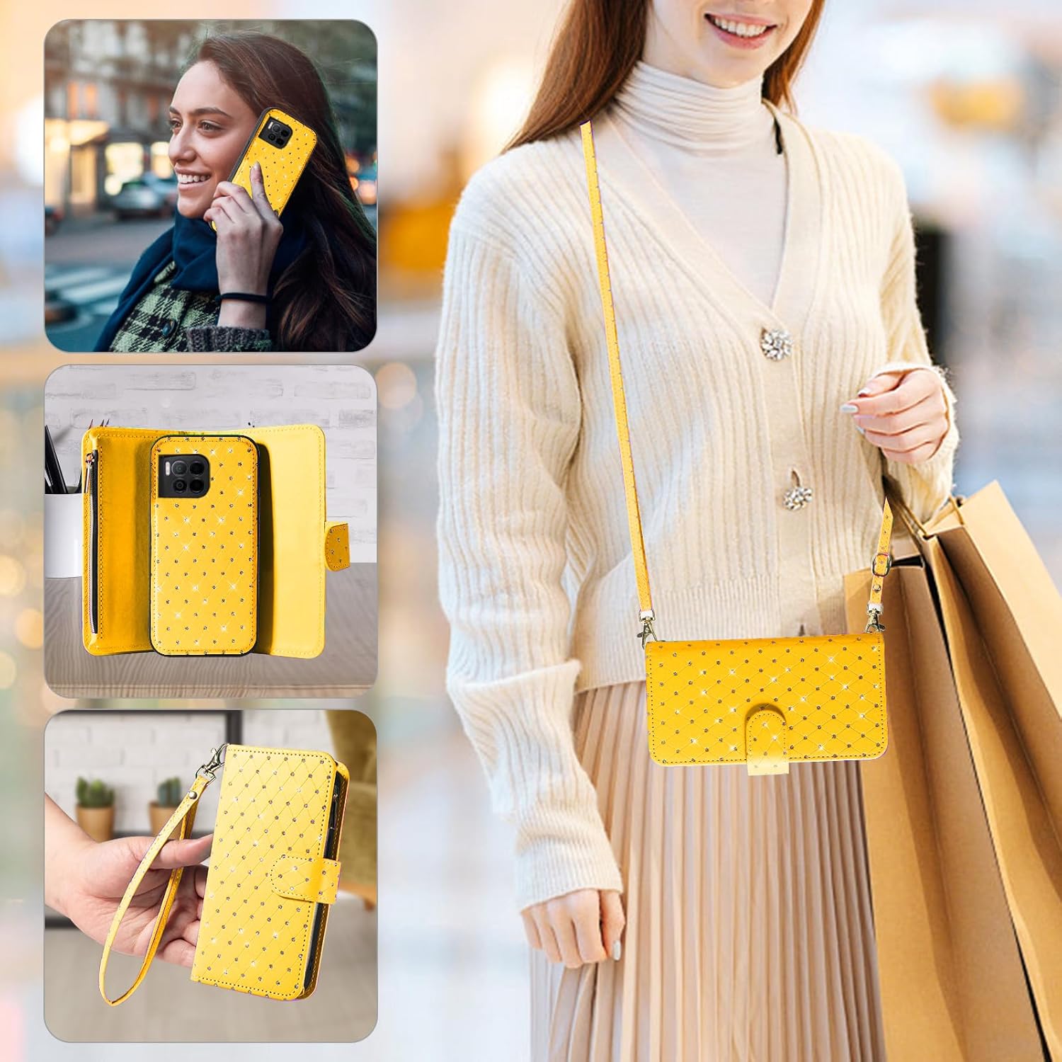 Asuwish Compatible with T-Mobile Revvl 7 Pro 5G Wallet Case Zipper Cell Screen Protector Crossbody Strap Glitter Flip Card Holder Phone Cover for Tmobile T Mobile Revel Tmo Revell Rebel Women Yellow