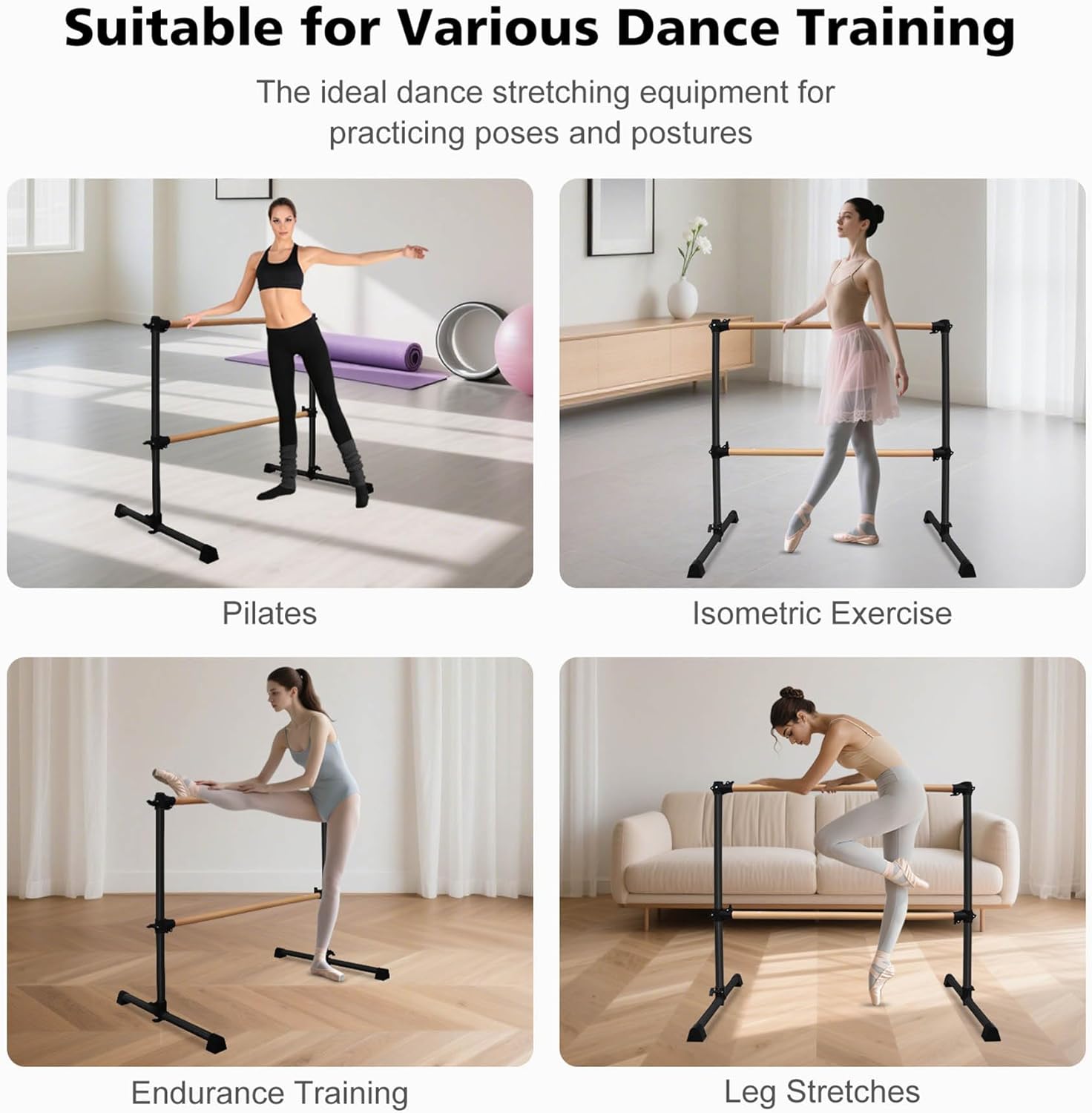 4ft Portable Ballet Barre for Home, Freestanding Dance Bar with Solid Wood, Adjustable Height (6.7"-46"), Stretching Equipment for Kids & Adults, Barre Fitness,