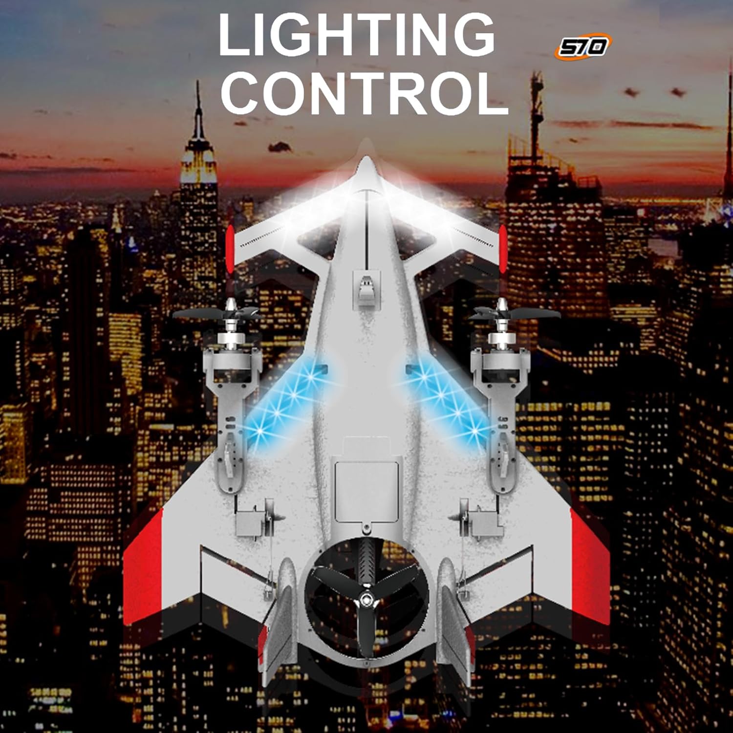 Pamusoro-pasi view of the QIDI 570 RC Airplane at night, with blue LED lights illuminated on its wings and fuselage, highlighting its lighting control feature.