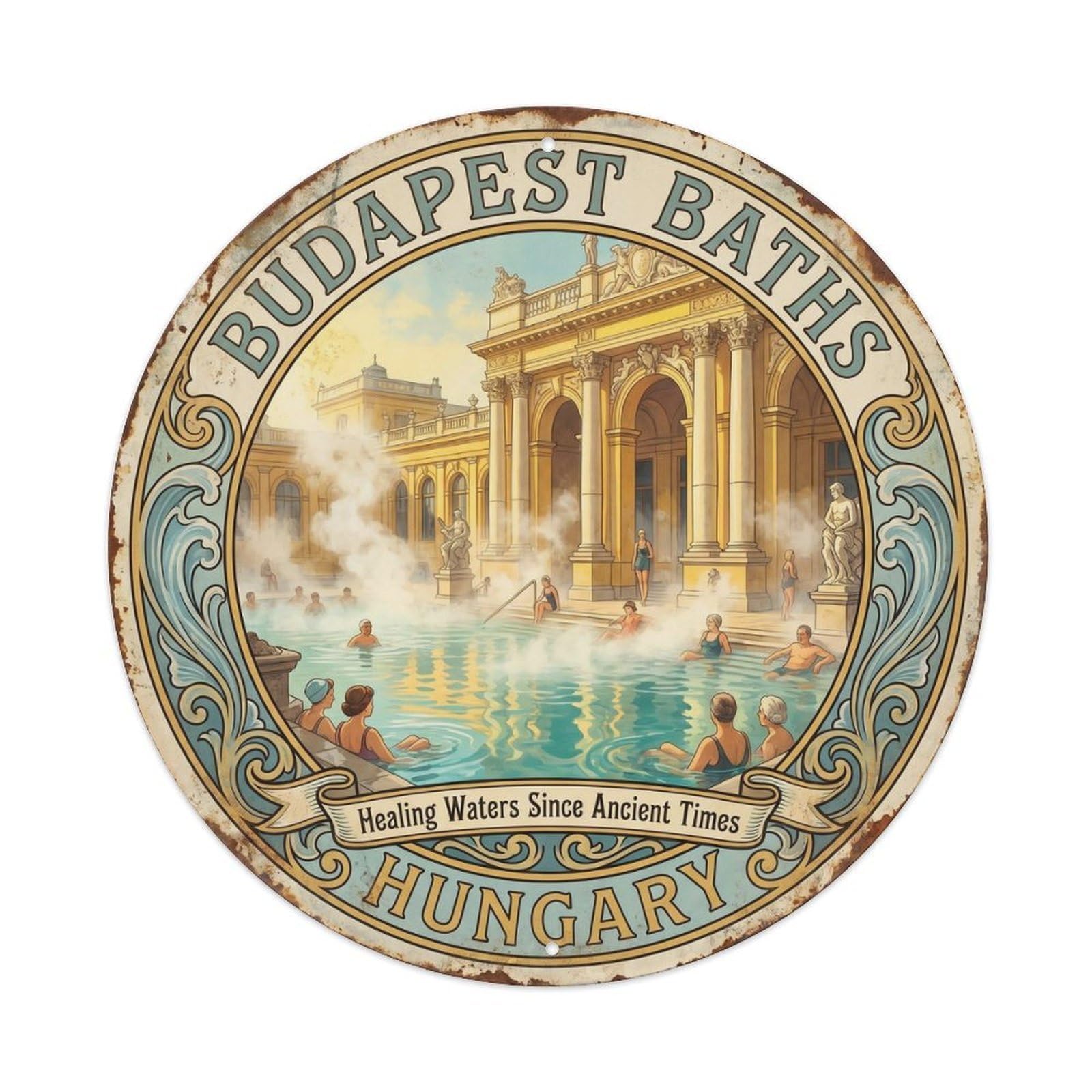 Vintage Travel Budapest Thermal Hungary Metal Tin Sign Plaque Wall Decor for Cafe, Club Bar, Office, Home Garden Round Metal Poster 8x8Inch