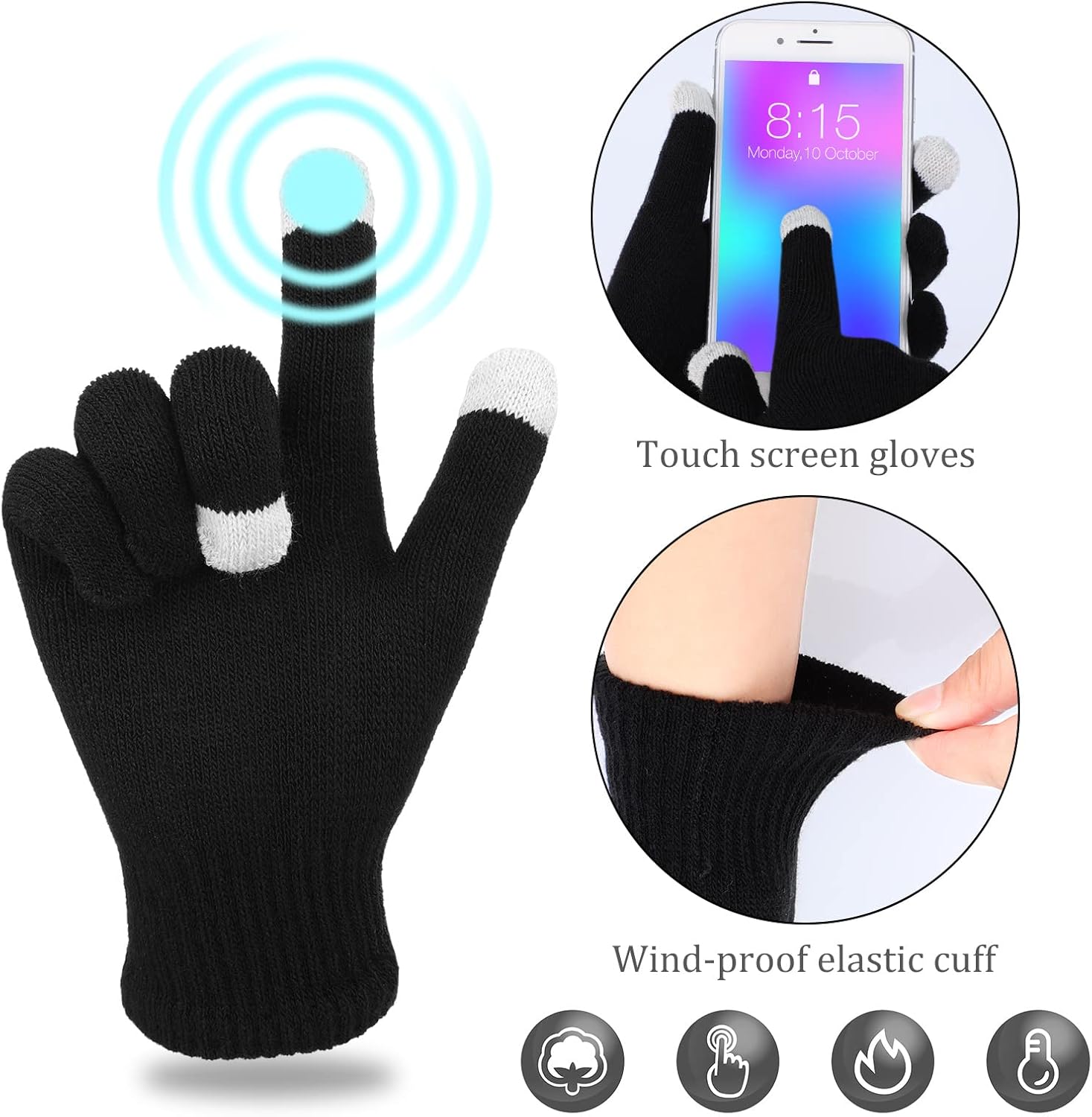 4 Pieces Womens Winter Satin Lined Knit Pom Beanie Hats Touchscreen Gloves Set (Black and Gray,Cute Style) - Image 4