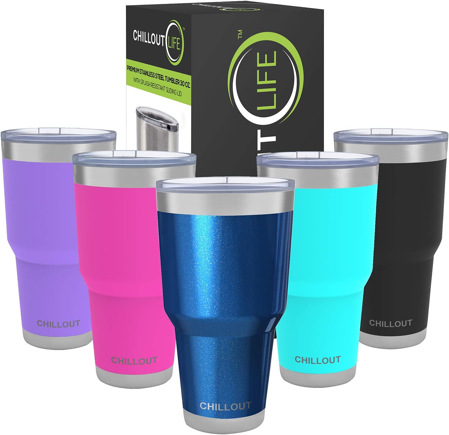 CHILLOUT LIFE30 oz Stainless Steel Tumbler with Lid - Double Wall Vacuum Insulated Large Travel Coffee Mug with Splash Proof Lid and Straw for Hot & Cold Drinks - Blue Sparkle Tumbler