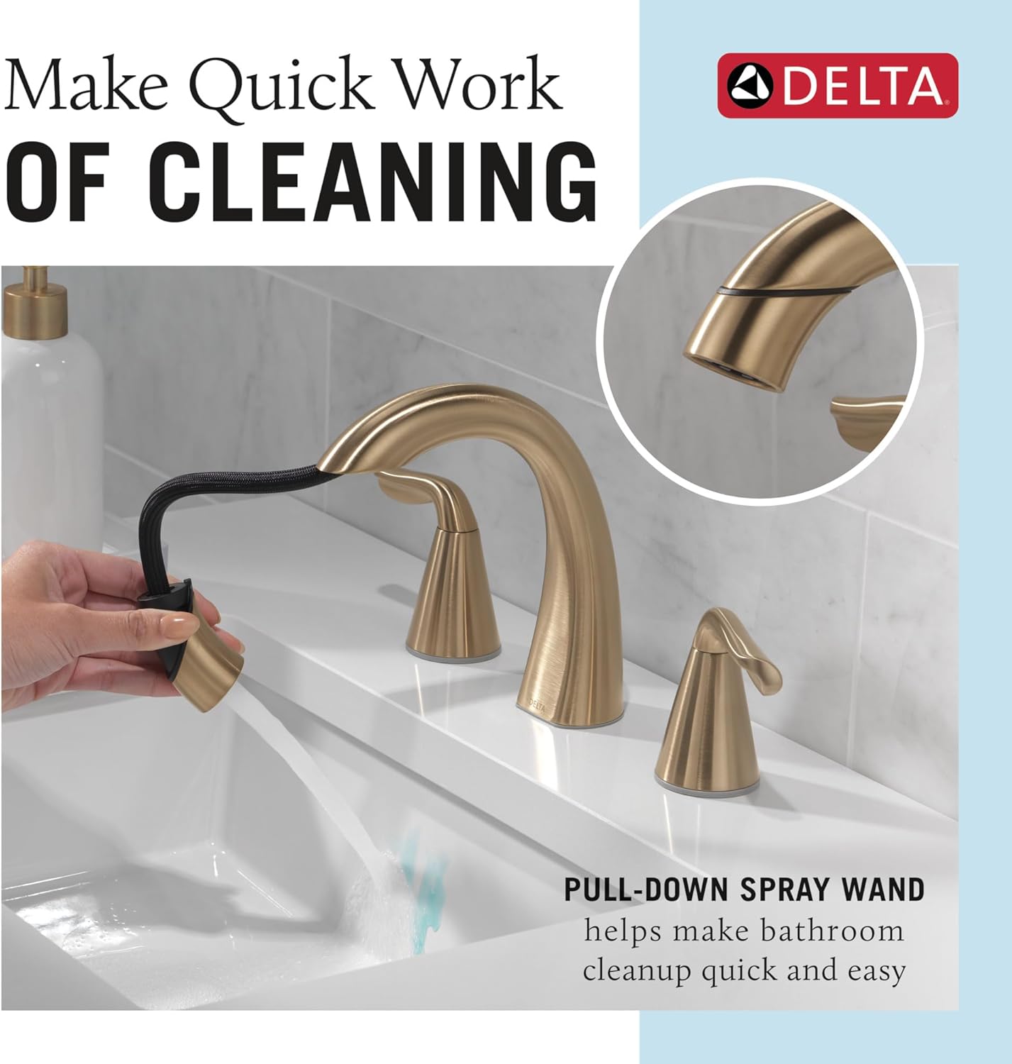 Delta Arvo Brushed Gold Bathroom Faucet with Sprayer, 8 Inch 3 Hole Widespread Bathroom Sink Faucet with Pull Out Sprayer, Push-Pop Drain, Champagne Bronze 35840LF-CZPD
