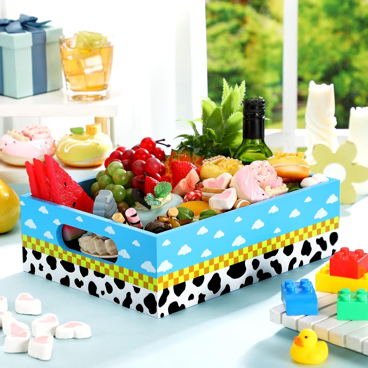GlikCeil Cartoon Birthday Party Supplies Blue Sky White Clouds Theme Wooden Snack Tray Toy Party Baby Shower Supplies Reusable Snack Organizer with Handles for Decorations