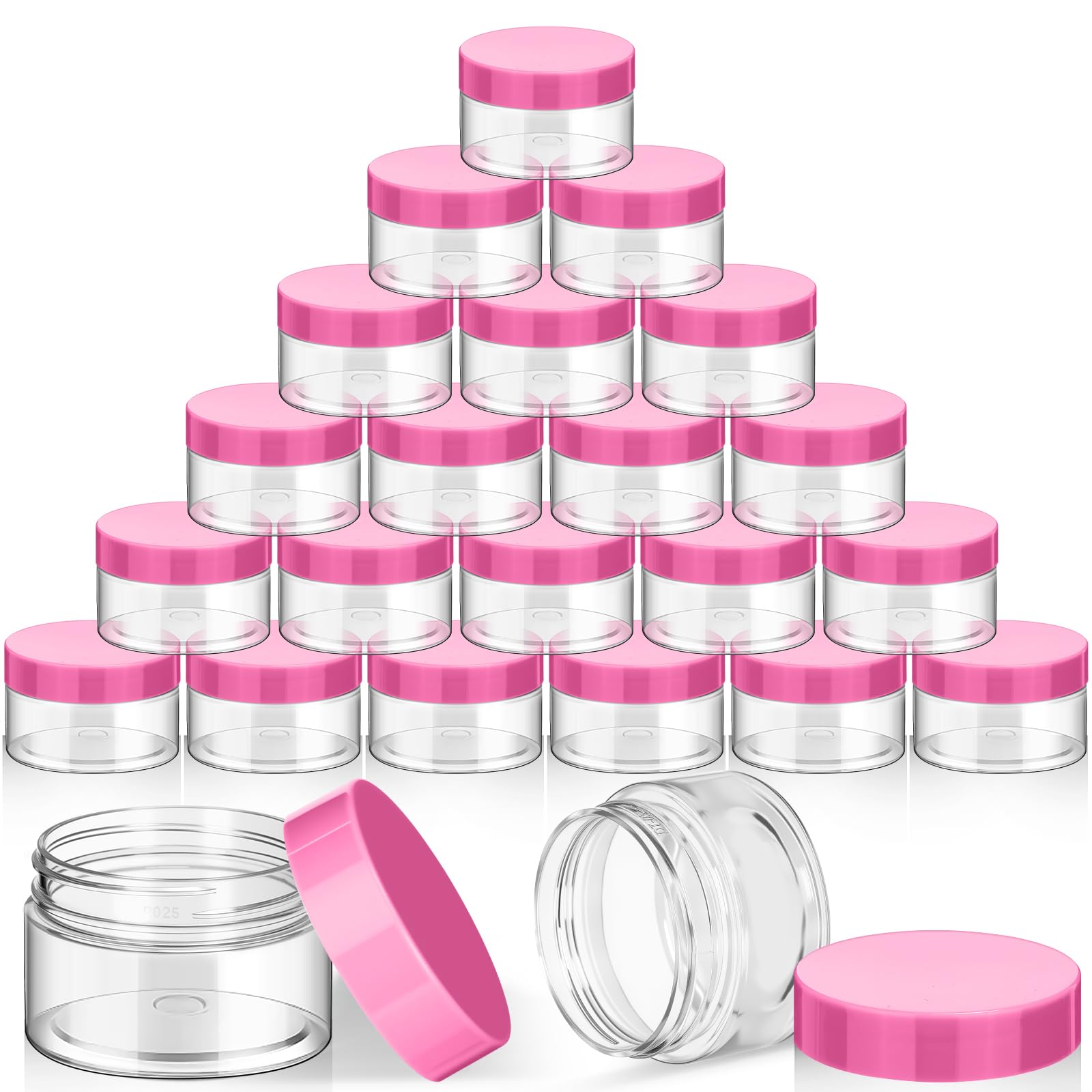 SATINIOR 24 Pieces Clear Plastic Jars with Lids, Pink Lid, 1 oz