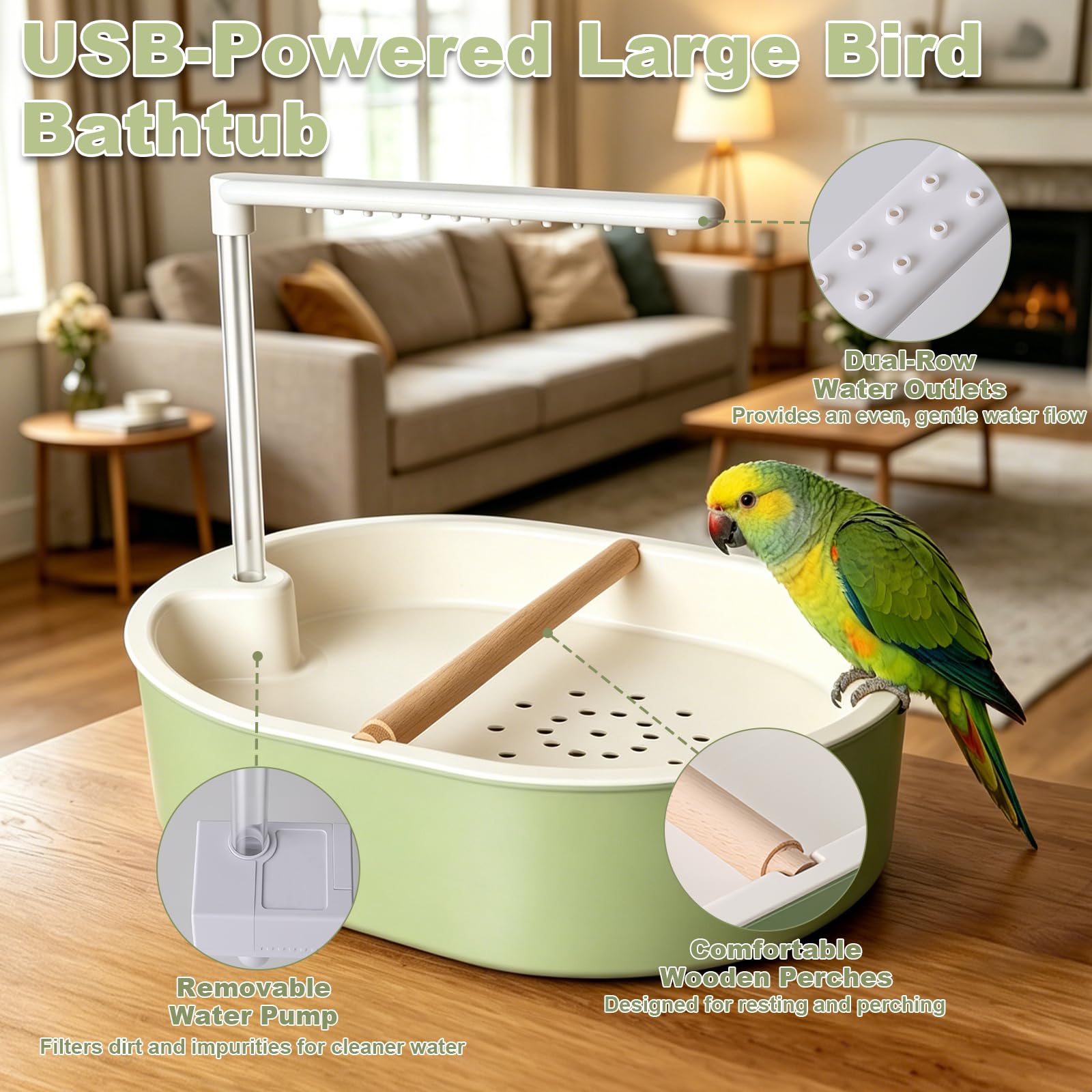 Ducha para Aves con Cascada y Grifo de Circulación, Ducha Automática para Periquitos para Jaula, Baño USB para Aves 32x25cm para Cacatúas, Agapornis y Guacamayos