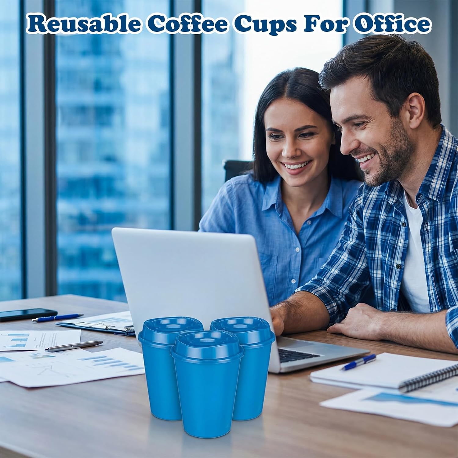 Honeydak 45 Pack 12 oz Reusable Coffee Cups with Lids Portable Tea Cups Reusable Hot Coffee Mugs Tumblers Bulk Plastic Tumblers Travel Drinks Mugs for Hot and Cold Drink (Navy Blue,Classic)