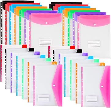 Plastic Wallets A4 Punched Pockets, 11 Holes Expandable Binder Folders for 2/3/4 Ring Document Pouch with Snap Button & Label Loose-Leaf Transparent for Office School Home 28pcs-T14S14