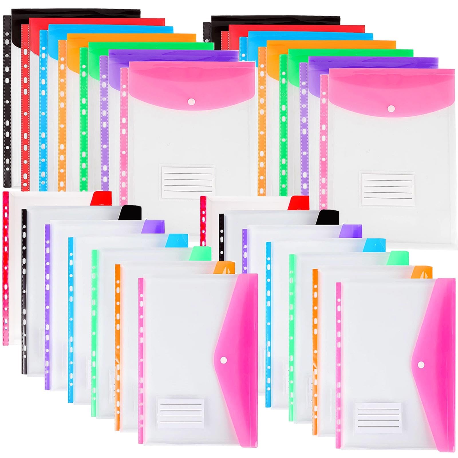 Plastic Wallets A4 Punched Pockets, 11 Holes Expandable Binder Folders for 2/3/4 Ring Document Pouch with Snap Button & Label Loose-Leaf Transparent for Office School Home (28pcs-T14S14)