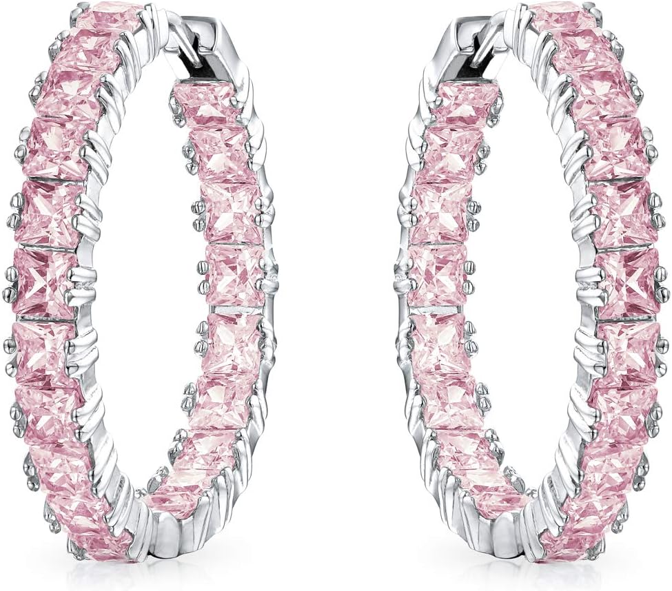 Wedding Modern Bridal Clear Cubic Zirconia Multi Color CZ Baguettes Statement Large Pearl CZ Inside Out Hoop Earrings For Women Rose Yellow Gold Silver Plated Clear Or Multi Color 1.25 Inch Diameter