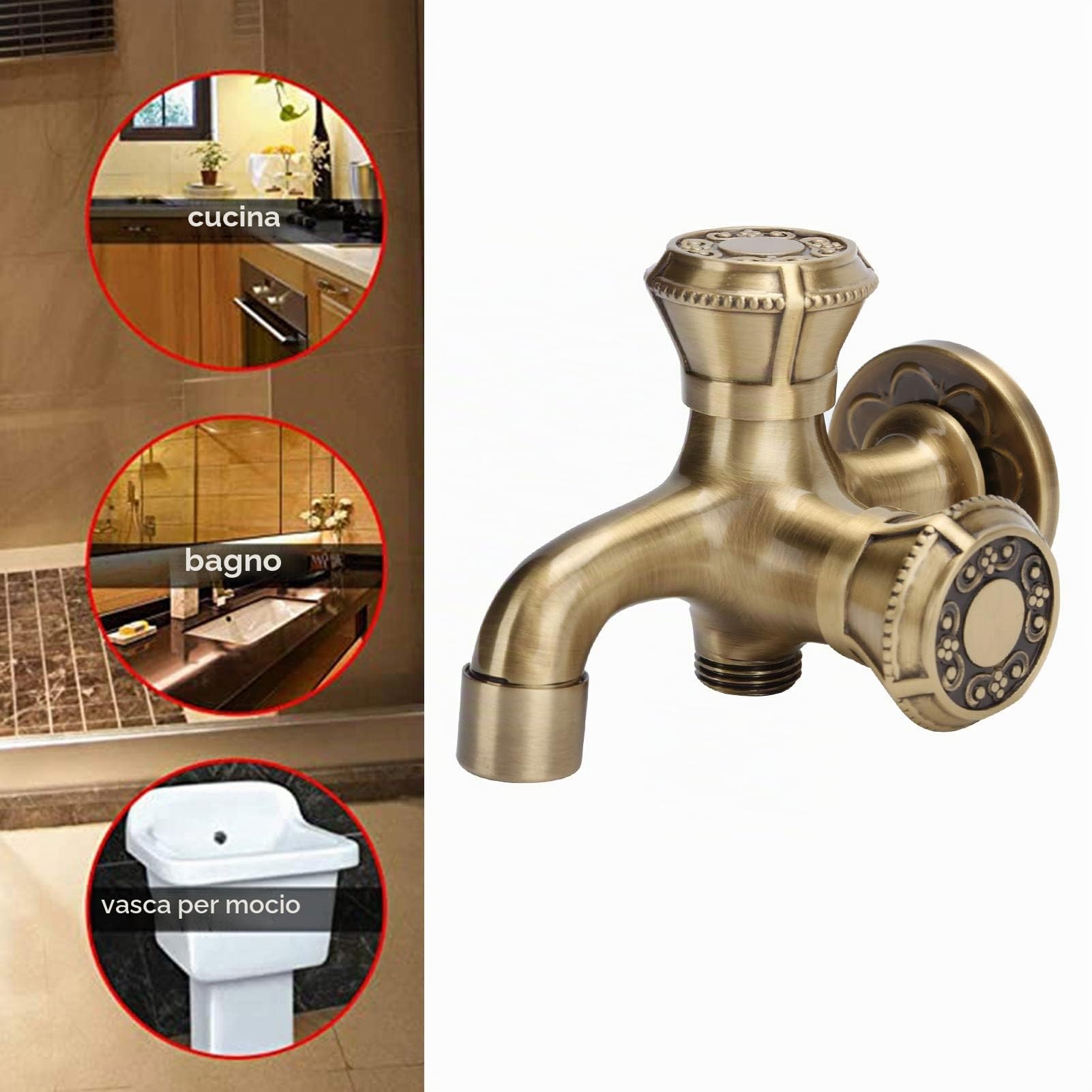 Rubinetto Vintage, Rubinetto a Parete G1/2" Rubinetto in Ottone Antico per Lavatrice, Lavabo da Bagno, Giardino, Casa, Cucina | Rubinetto da Vintage in ottone massiccio con attacco a parete per Lavatrice, Lavabo da Bagno, Giardino, Casa, Cucina