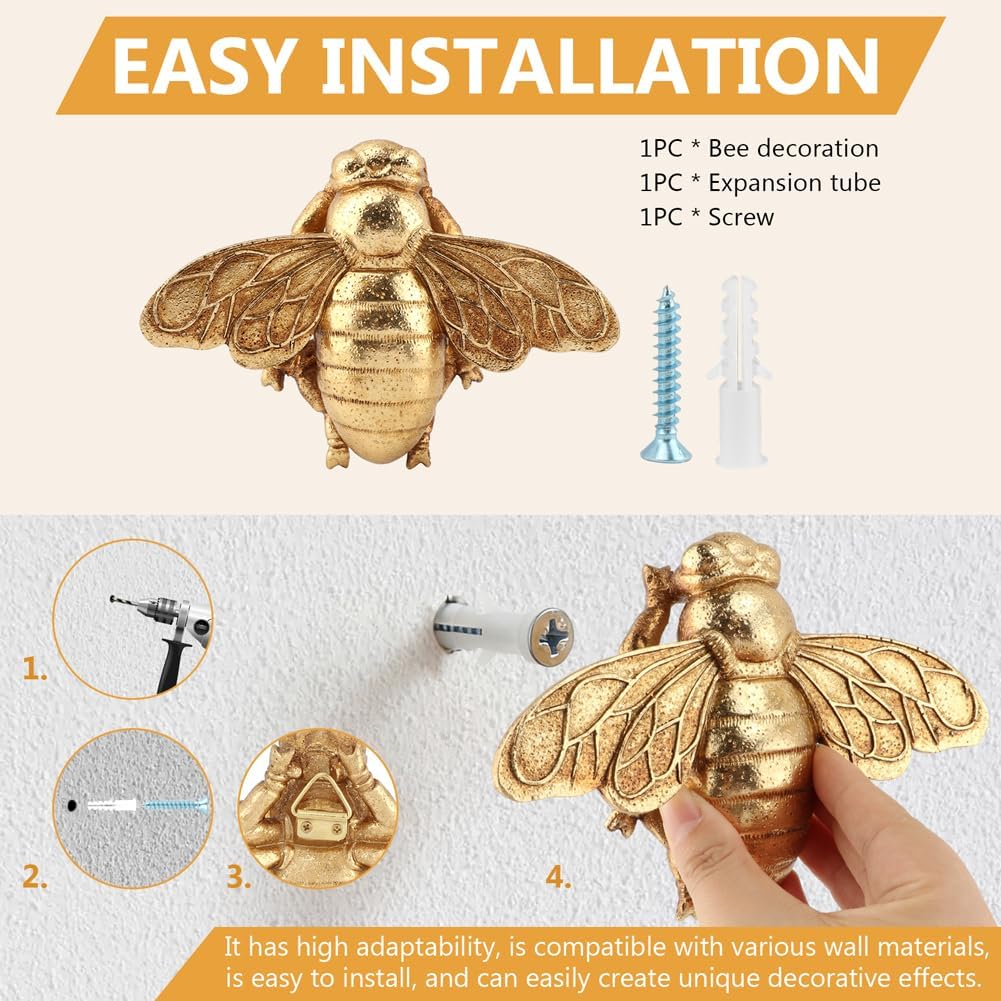 DOQXYAVM Gold Honey Bee Wall Art Decor, 3D Resin Bee Wall Sculpture, Hanging Insect Home Decoration for Living Room, Bedroom, Bathroom, Kitchen (S)