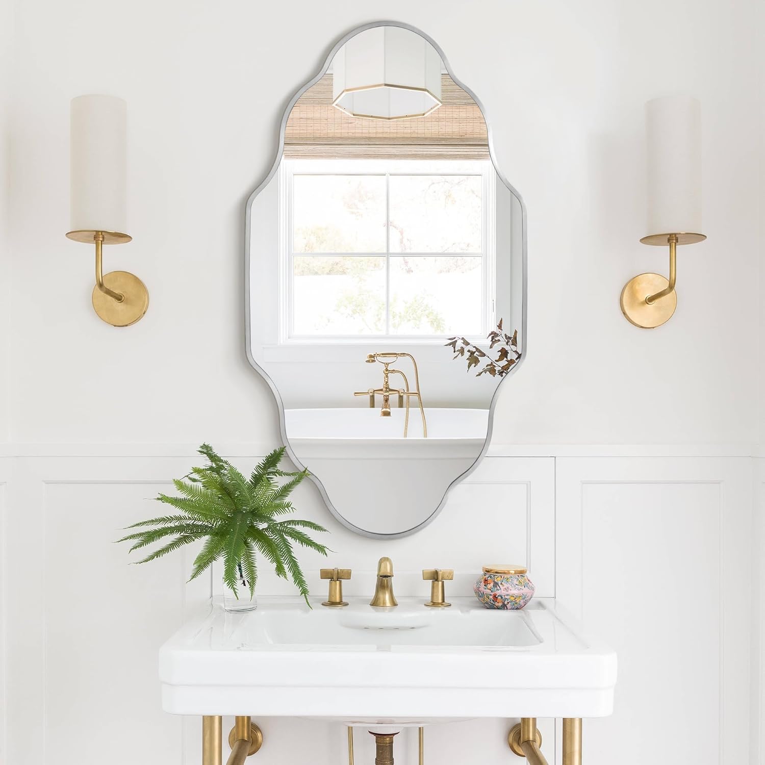 Silver Scalloped Bathroom Mirror, Irregular Wall Mirror with Brushed Metal Frame, HD Glass Decorative Mirror for Wall Decor, Vanity Mirror for Bathroom, Bedroom & Entryway (20" x 36", 1 Pack)