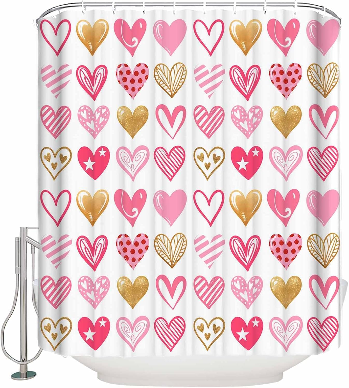 Shower Curtain Valentine's Day Pink Yellow Love Heart Type Polyester Fabric Shower Curtain with Hooks,Waterpoof Shower Curtains for Bathroom Showers and Bathtubs 54x78in